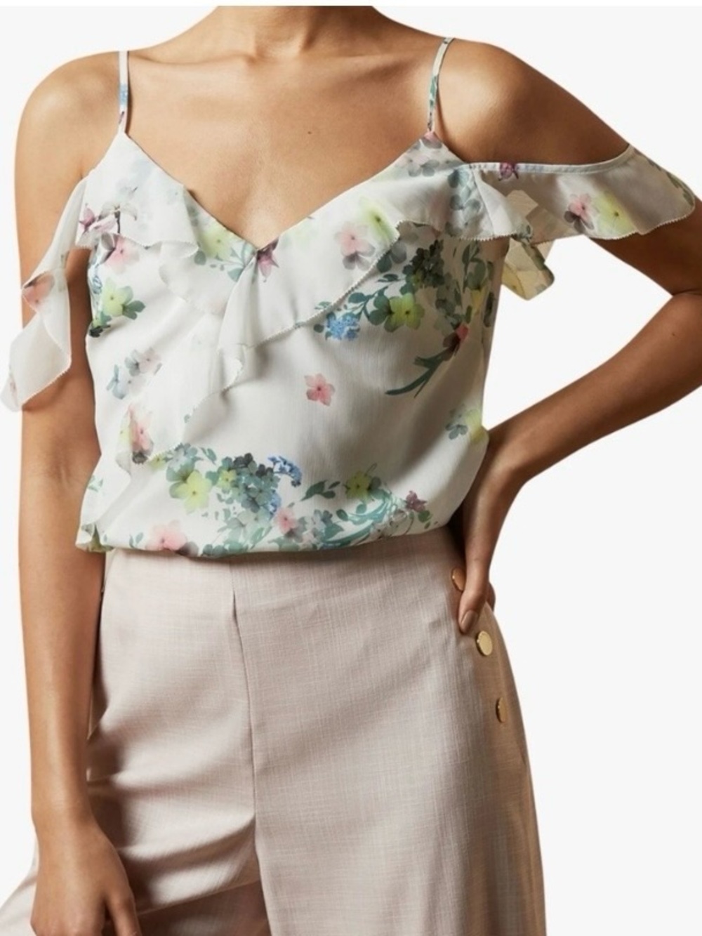 Ted Baker Meeyah Pergola Ruffle Camisole   Size 2 Feminine Floral Cold Shoulder